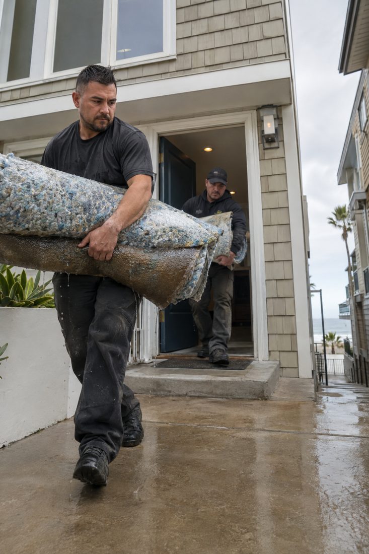Technicians carrying soaked carpet pad out the front door in rolls at a narrow two-story beach townhome a few blocks from the ocean in Hermosa Beach, CA