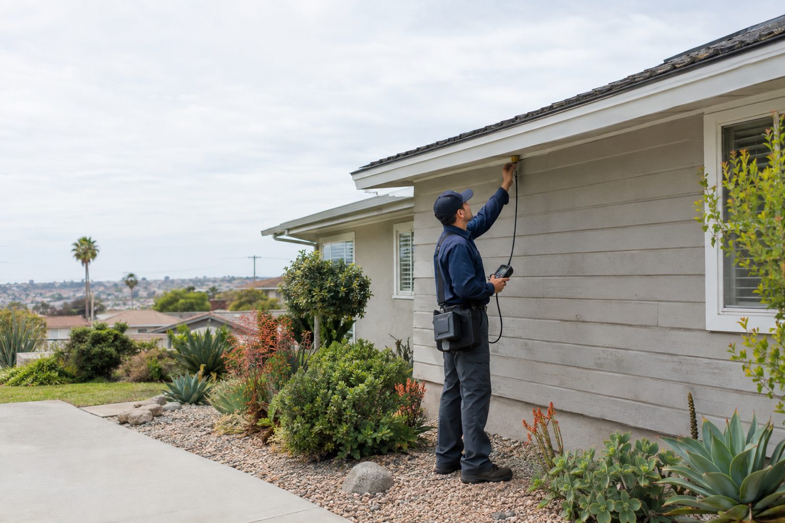 A restoration worker checks damp exterior siding beside a postwar Torrance ranch home, carrying moisture equipment near the roofline in Torrance, CA